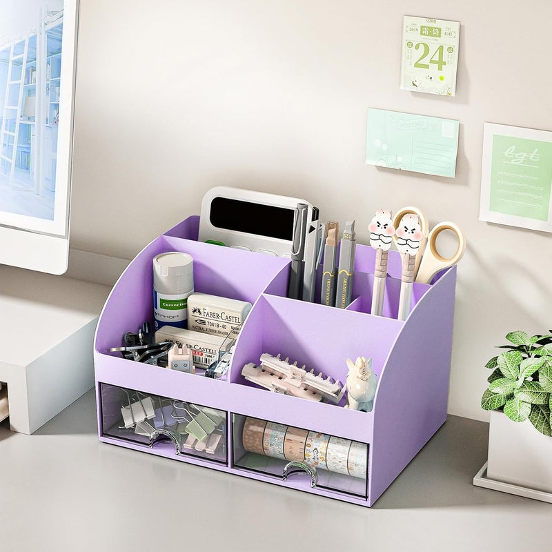 COMFYROOM Desk Organizer with 6 Compartments and 2 Drawers, Plastic Makeup Organizer, Pen Holder for Desktop Storage, Desk Organization for School, Home, Office Supplies (Purple) - Image 4